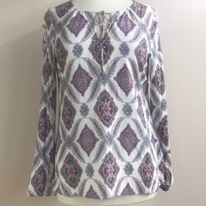 Crosby Long Sleeve Ladies Tie Closure w Square Neck Diamond Design Boho L Shirt